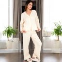 Brown Large Women's Solid Color 2-Piece Pajama Set with Long Sleeve V-Neck Top and Relaxed Fit Wide-Leg Pants