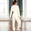 Brown Large Women's Solid Color 2-Piece Pajama Set with Long Sleeve V-Neck Top and Relaxed Fit Wide-Leg Pants