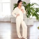 Brown Large Women's Solid Color 2-Piece Pajama Set with Long Sleeve V-Neck Top and Relaxed Fit Wide-Leg Pants