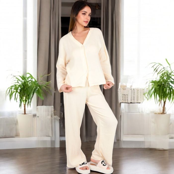 Women's Solid Color 2-Piece Pajama Set with Long Sleeve V-Neck Top and Relaxed Fit Wide-Leg Pants