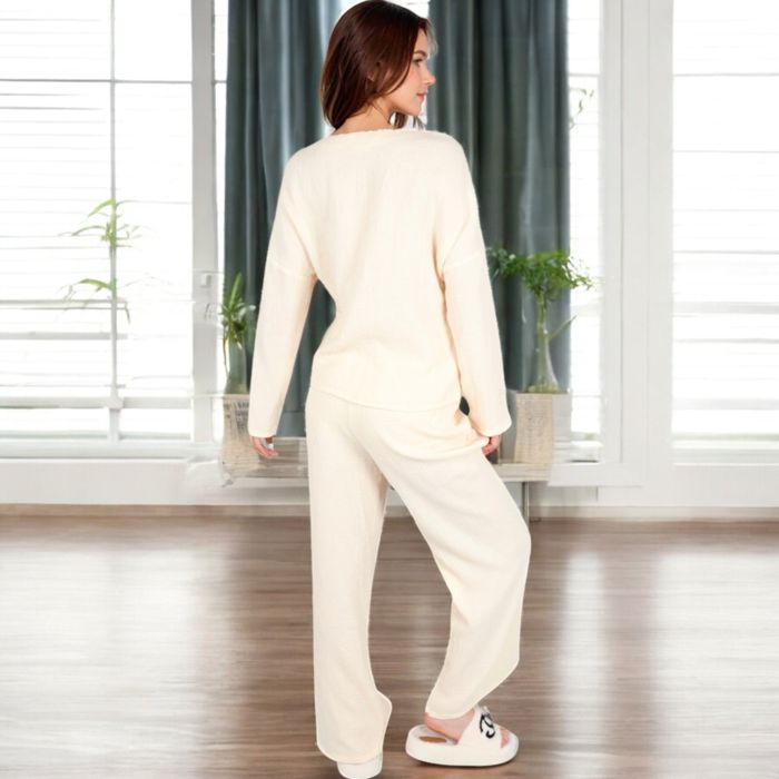 Women's Solid Color 2-Piece Pajama Set with Long Sleeve V-Neck Top and Relaxed Fit Wide-Leg Pants