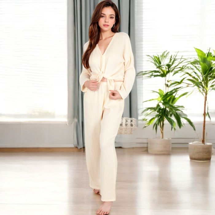 Women's Solid Color 2-Piece Pajama Set with Long Sleeve V-Neck Top and Relaxed Fit Wide-Leg Pants