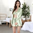 Green Large Women's Satin 3-Piece Pajama Set with Bralette, Tie-Waist Shorts, and Long Sleeve Button-Up Shirt