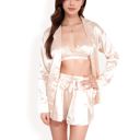 Beige Large Women's Satin 3-Piece Pajama Set with Bralette, Tie-Waist Shorts, and Long Sleeve Button-Up Shirt