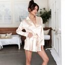 Beige Large Women's Satin 3-Piece Pajama Set with Bralette, Tie-Waist Shorts, and Long Sleeve Button-Up Shirt