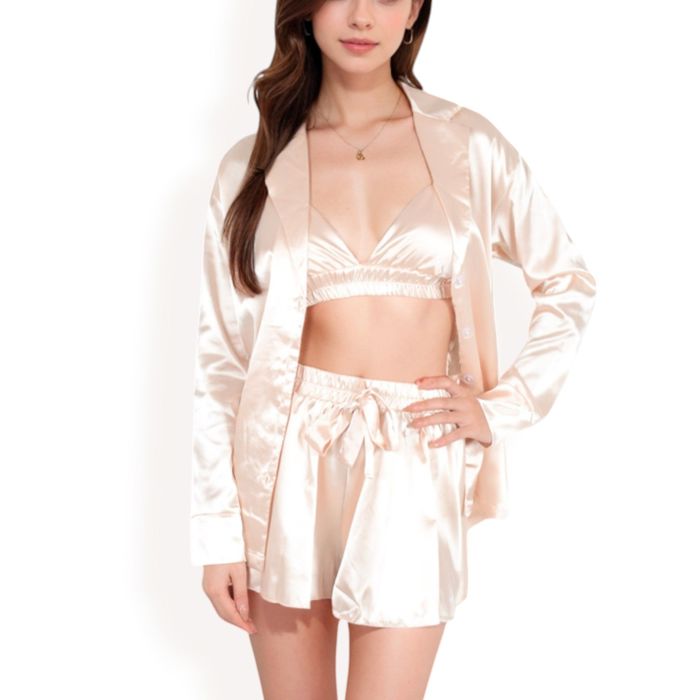 Women's Satin 3-Piece Pajama Set with Bralette, Tie-Waist Shorts, and Long Sleeve Button-Up Shirt