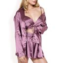 Purple Large Women's Satin 3-Piece Pajama Set with Bralette, Tie-Waist Shorts, and Long Sleeve Button-Up Shirt