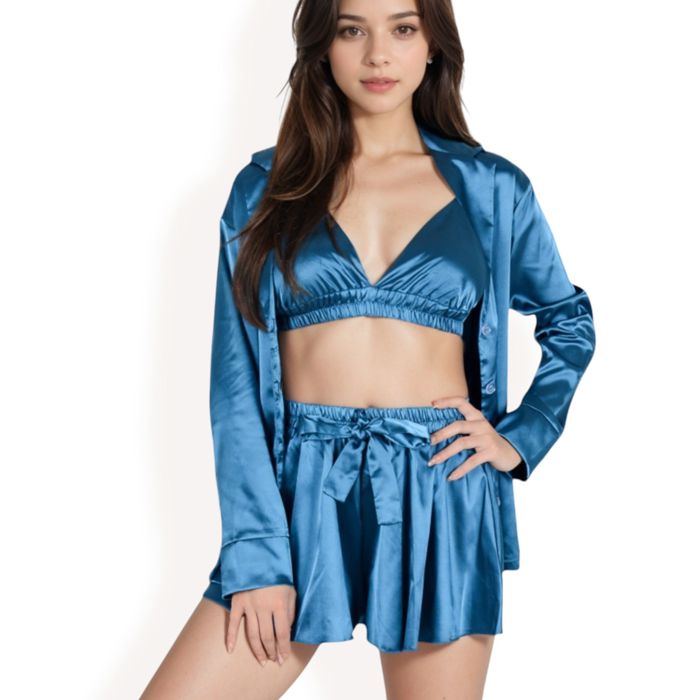 Women's Satin 3-Piece Pajama Set with Bralette, Tie-Waist Shorts, and Long Sleeve Button-Up Shirt