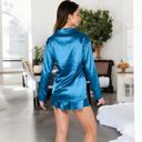 Blue Large Women's Satin 3-Piece Pajama Set with Bralette, Tie-Waist Shorts, and Long Sleeve Button-Up Shirt