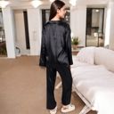 Black Large Women's Satin 2-Piece Pajama Set with Long Sleeve Button-Up Shirt and Relaxed Fit Wide-Leg Pants