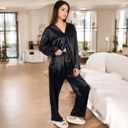 Black Large Women's Satin 2-Piece Pajama Set with Long Sleeve Button-Up Shirt and Relaxed Fit Wide-Leg Pants