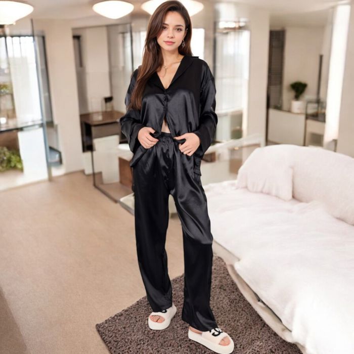 Women's Satin 2-Piece Pajama Set with Long Sleeve Button-Up Shirt and Relaxed Fit Wide-Leg Pants