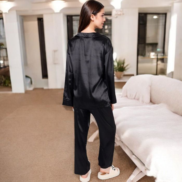 Women's Satin 2-Piece Pajama Set with Long Sleeve Button-Up Shirt and Relaxed Fit Wide-Leg Pants