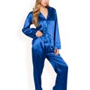 Blue Large Women's Satin 2-Piece Pajama Set with Long Sleeve Button-Up Shirt and Relaxed Fit Wide-Leg Pants