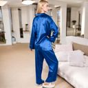 Blue Large Women's Satin 2-Piece Pajama Set with Long Sleeve Button-Up Shirt and Relaxed Fit Wide-Leg Pants