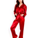 Red Large Women's Satin 2-Piece Pajama Set with Long Sleeve Button-Up Shirt and Relaxed Fit Wide-Leg Pants