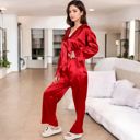 Red Large Women's Satin 2-Piece Pajama Set with Long Sleeve Button-Up Shirt and Relaxed Fit Wide-Leg Pants