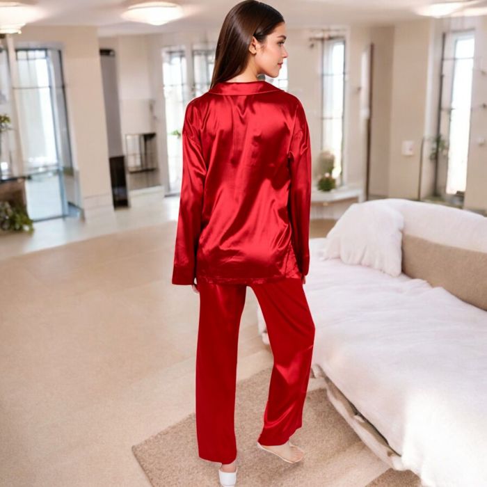 Women's Satin 2-Piece Pajama Set with Long Sleeve Button-Up Shirt and Relaxed Fit Wide-Leg Pants