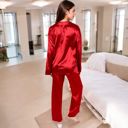 Red Large Women's Satin 2-Piece Pajama Set with Long Sleeve Button-Up Shirt and Relaxed Fit Wide-Leg Pants