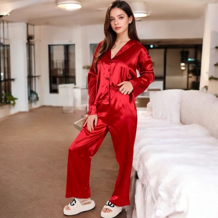 Women's Satin 2-Piece Pajama Set with Long Sleeve Button-Up Shirt and Relaxed Fit Wide-Leg Pants