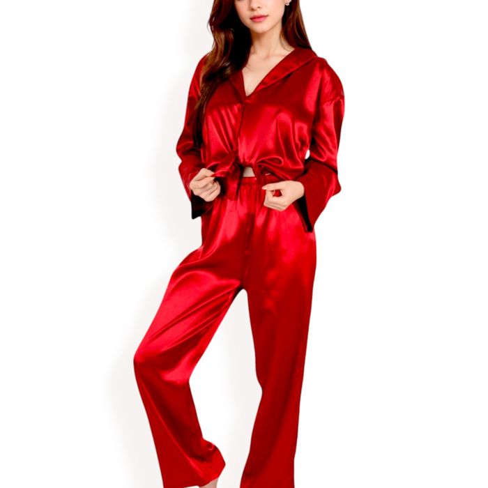 Women's Satin 2-Piece Pajama Set with Long Sleeve Button-Up Shirt and Relaxed Fit Wide-Leg Pants