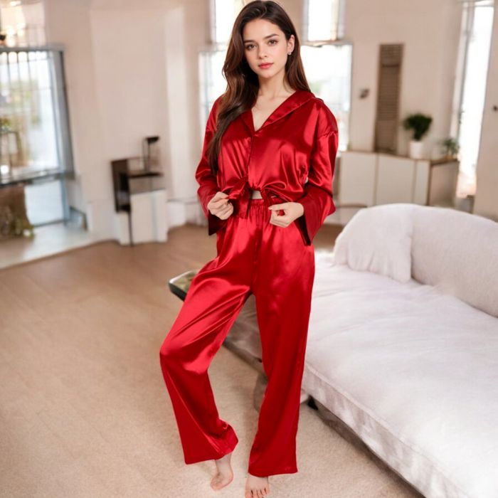 Women's Satin 2-Piece Pajama Set with Long Sleeve Button-Up Shirt and Relaxed Fit Wide-Leg Pants