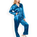 Green Large Women's Satin 2-Piece Pajama Set with Long Sleeve Button-Up Shirt and Relaxed Fit Wide-Leg Pants