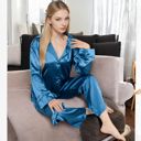 Green Large Women's Satin 2-Piece Pajama Set with Long Sleeve Button-Up Shirt and Relaxed Fit Wide-Leg Pants