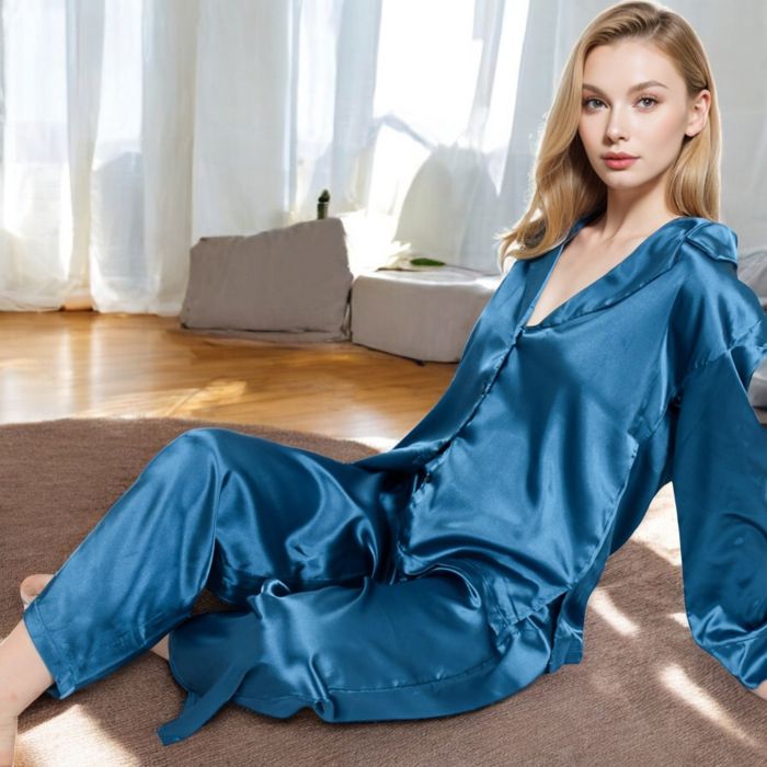 Women's Satin 2-Piece Pajama Set with Long Sleeve Button-Up Shirt and Relaxed Fit Wide-Leg Pants