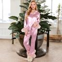 Pink Large Satin Long Sleeve Feather Detail 2-Piece Set