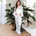 White Large Satin Long Sleeve Feather Detail 2-Piece Set