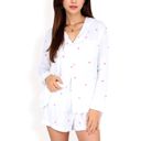 White Large Women's Heart Print 2-Piece Pajama Set with Long Sleeve Button-Up Shirt and Relaxed Shorts