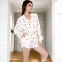 Red Large Women's Heart Print 2-Piece Pajama Set with Long Sleeve Tie-Waist Robe and Relaxed Fit Shorts