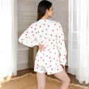 Red Large Women's Heart Print 2-Piece Pajama Set with Long Sleeve Tie-Waist Robe and Relaxed Fit Shorts