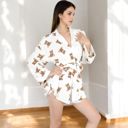 White Large Women's Teddy Bear Print 2-Piece Pajama Set with Long Sleeve Tie-Waist Robe and Relaxed Fit Shorts