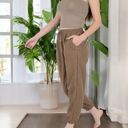 Brown Large Women's High Waist Drawstring Pants with Elastic Cuffs and Side Pockets