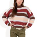 Beige Large Striped Mock Neck Sweater with Color Block Design and Long Sleeves