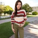 Beige Large Striped Mock Neck Sweater with Color Block Design and Long Sleeves