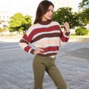 Beige Large Striped Mock Neck Sweater with Color Block Design and Long Sleeves