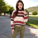 Beige Large Striped Mock Neck Sweater with Color Block Design and Long Sleeves