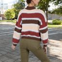 Beige Large Striped Mock Neck Sweater with Color Block Design and Long Sleeves