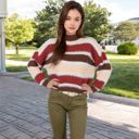 Beige Large Striped Mock Neck Sweater with Color Block Design and Long Sleeves