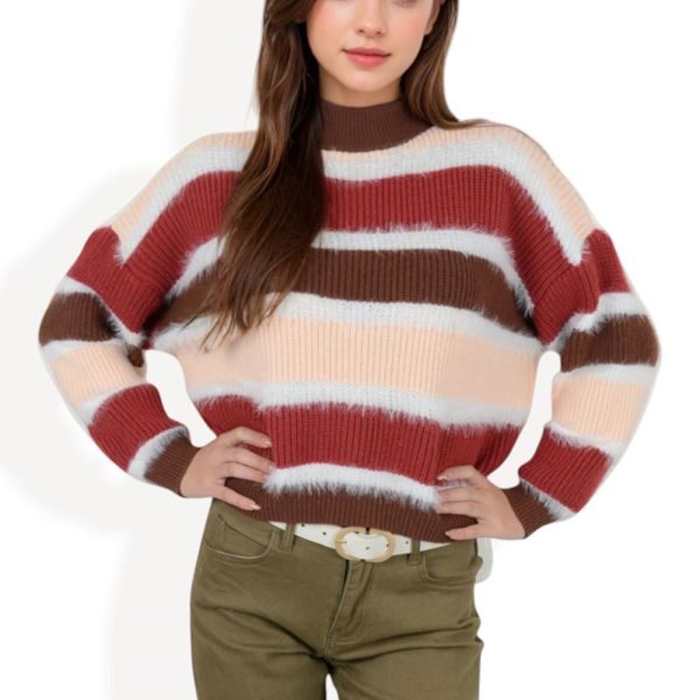 Striped Mock Neck Sweater with Color Block Design and Long Sleeves