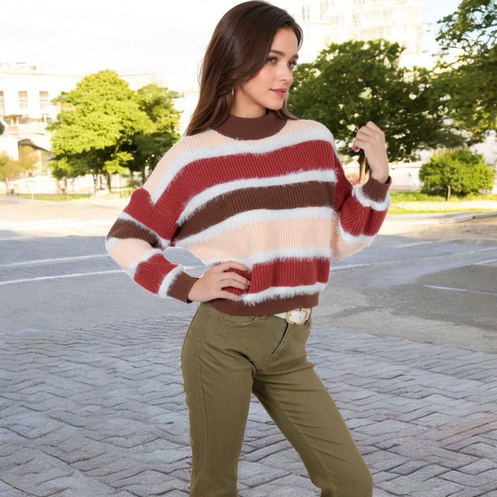 Striped Mock Neck Sweater with Color Block Design and Long Sleeves