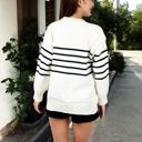 White Large Striped Button-Up Knit Cardigan with V-Neck and Long Sleeves