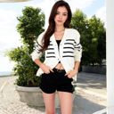 White Large Striped Button-Up Knit Cardigan with V-Neck and Long Sleeves