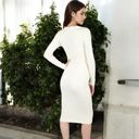 Beige Large 3/4 Sleeve Bodycon Dress with Sleek Fit and Elegant Design