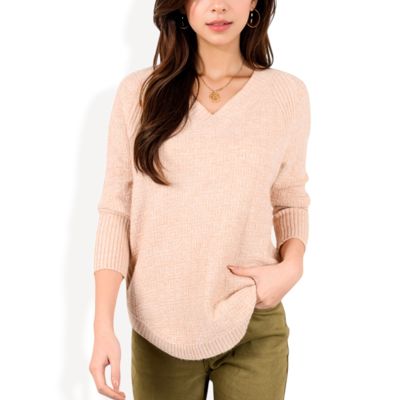 Textured Knit Sweater with V-Neckline and Ribbed Sleeves