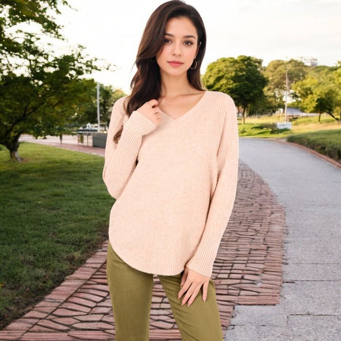 Textured Knit Sweater with V-Neckline and Ribbed Sleeves