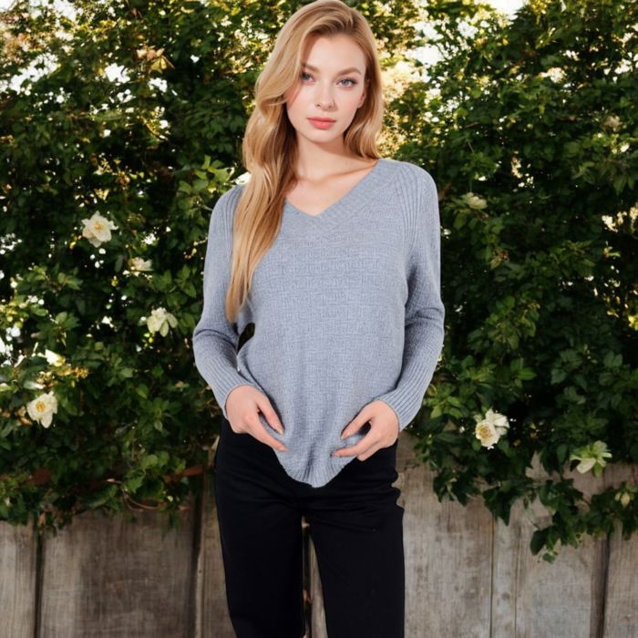 Textured Knit Sweater with V-Neckline and Ribbed Sleeves